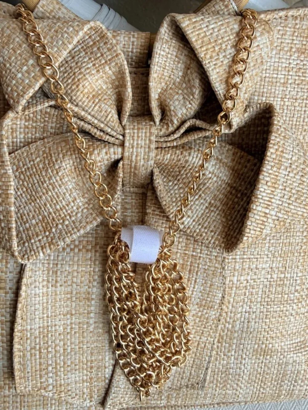Tommy Bahama Bow Straw Tote Handbag Bamboo Handles Gold Chain NWT